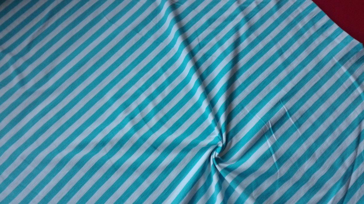 Elastický úplet tyrkysovo-bílý proužek
