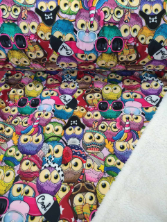 Softshell s beránkem digitální tisk barevné sovy - zbytek 0,55m